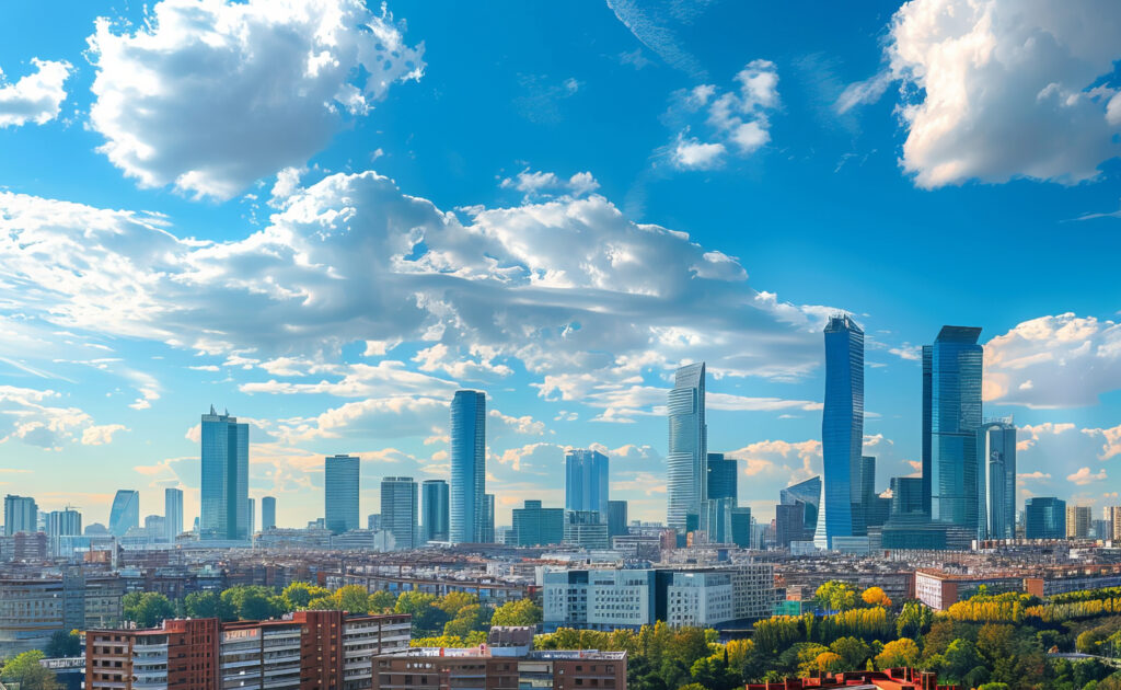Cityscape with modern buildings in a financial area in Madrid in
